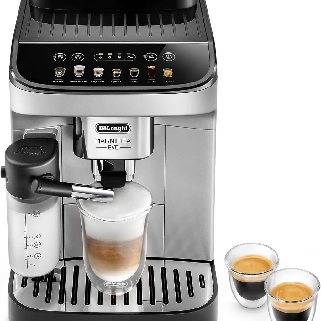 DeLonghi Magnifica Evo with LatteCrema System, Fully Automatic Machine Bean to Cup Espresso Cappuccino and Iced Coffee Maker, Colored Touch Display,Black, Silver