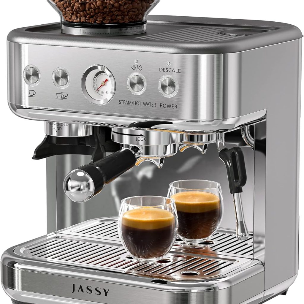 JASSY Espresso Machine 20 Bar Cappuccino Maker High Pressure Pump with Barista Coffee Grinder/Milk Frother for Espresso/Cappuccino/Latte,1350W(Stainless Steel)